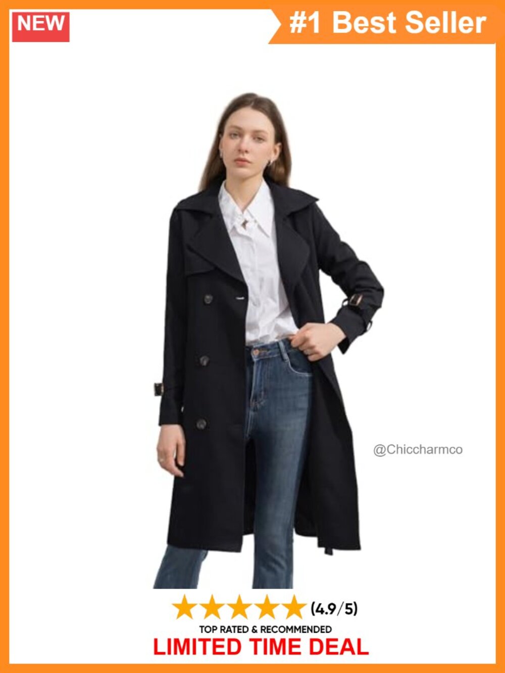 Women's Knee Length Double Breasted Belted Trench Coat